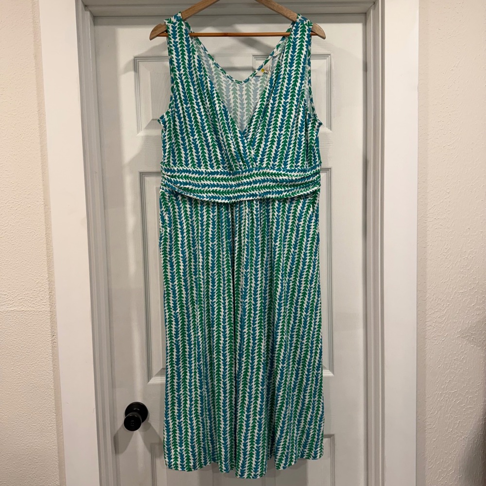 Boden NWT Green Blue Chevron Leaf Print Effie Jersey Midi Dress Pockets US 16/18